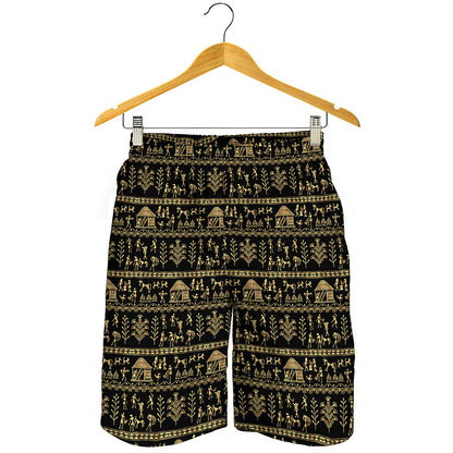 Black And Gold Warli Pattern Print Men's Shorts