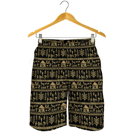 Black And Gold Warli Pattern Print Men's Shorts