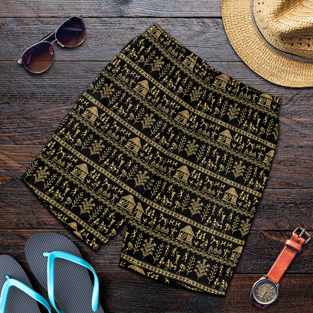 Black And Gold Warli Pattern Print Men's Shorts