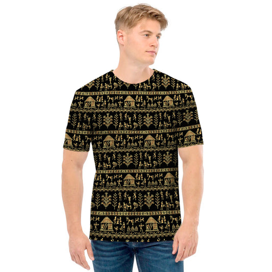 Black And Gold Warli Pattern Print Men's T-Shirt