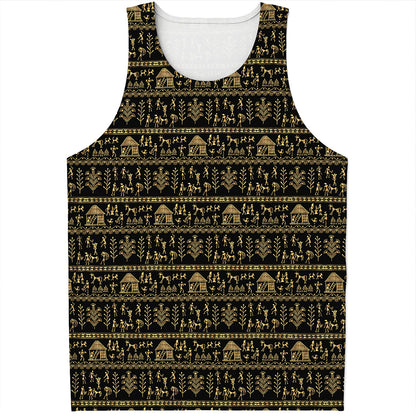 Black And Gold Warli Pattern Print Men's Tank Top