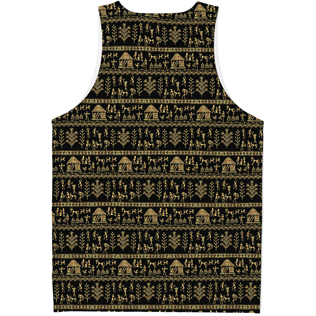 Black And Gold Warli Pattern Print Men's Tank Top