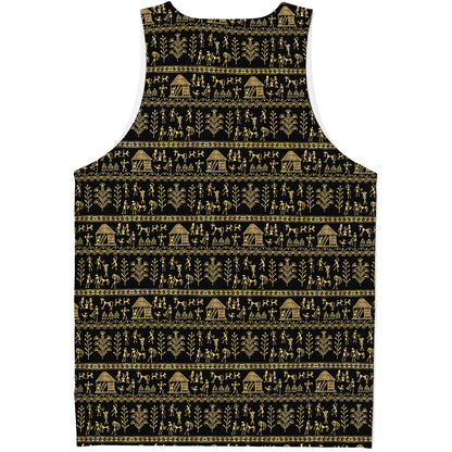 Black And Gold Warli Pattern Print Men's Tank Top