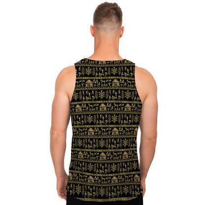 Black And Gold Warli Pattern Print Men's Tank Top