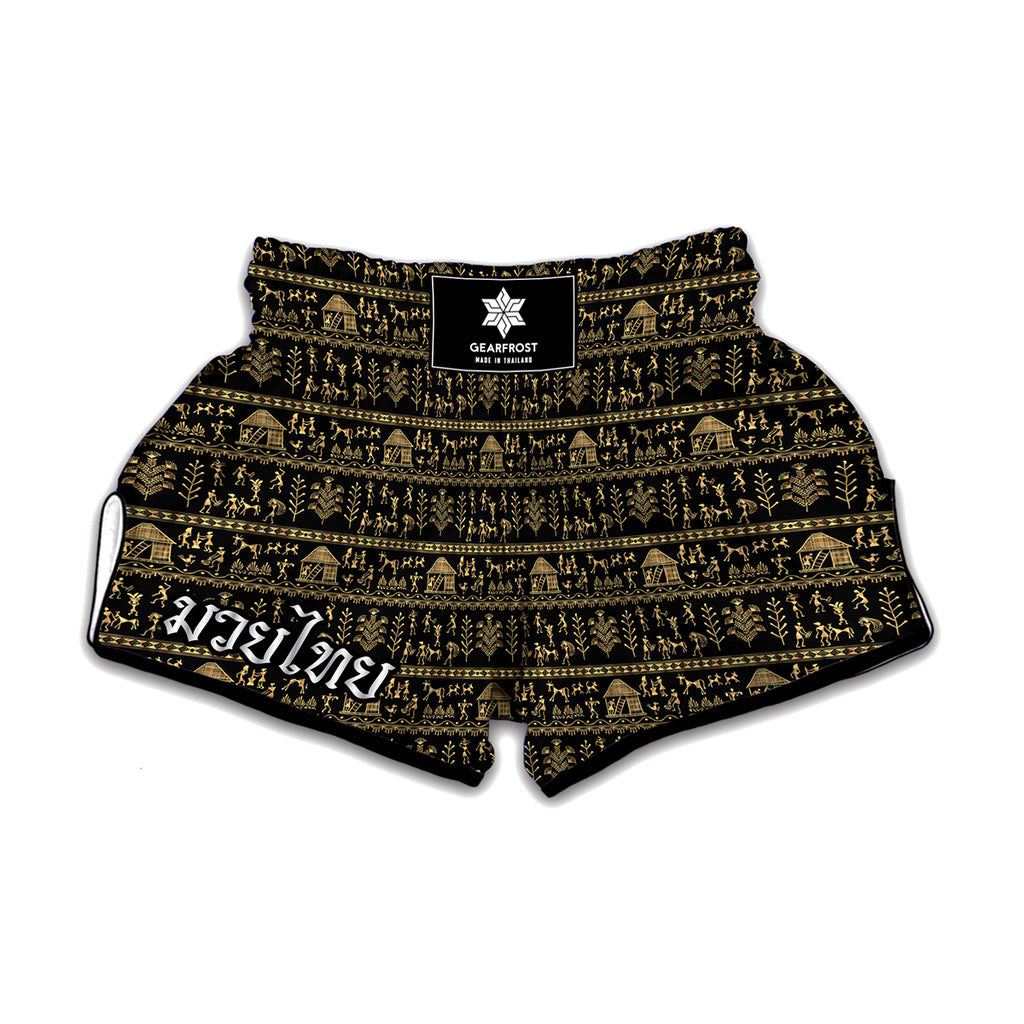 Black And Gold Warli Pattern Print Muay Thai Boxing Shorts