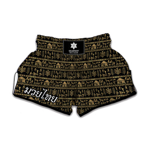 Black And Gold Warli Pattern Print Muay Thai Boxing Shorts