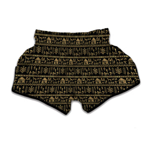 Black And Gold Warli Pattern Print Muay Thai Boxing Shorts