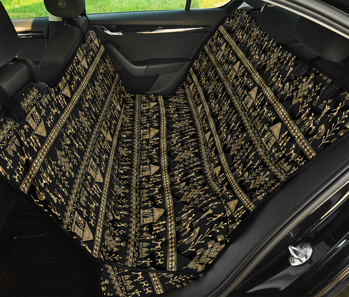 Black And Gold Warli Pattern Print Pet Car Back Seat Cover