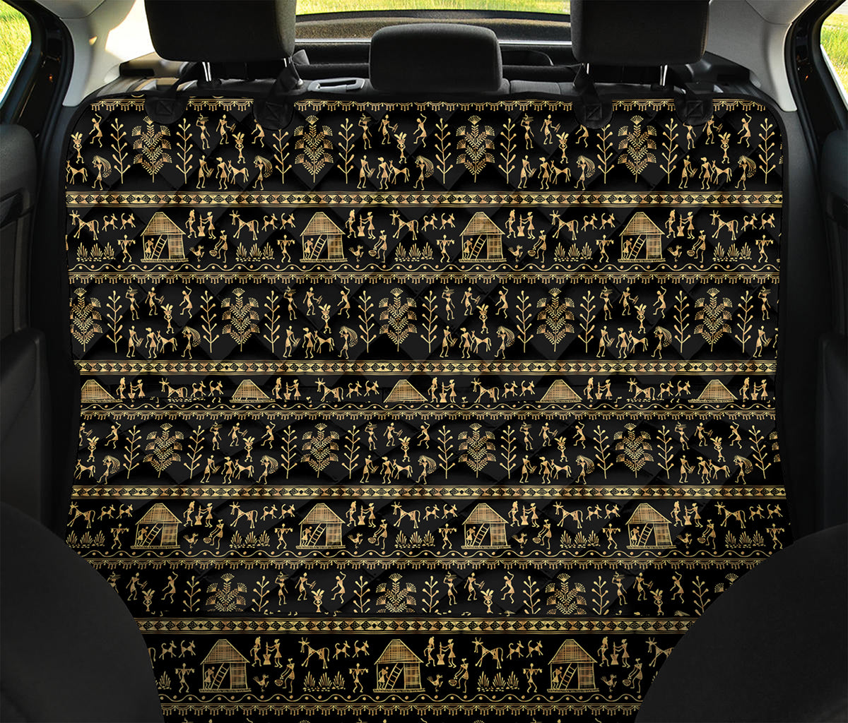 Black And Gold Warli Pattern Print Pet Car Back Seat Cover
