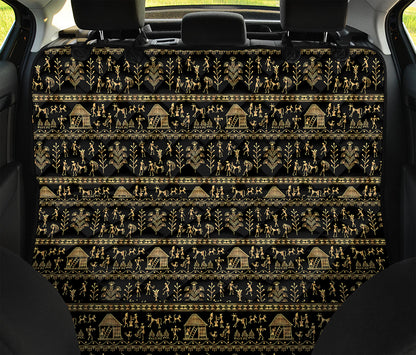 Black And Gold Warli Pattern Print Pet Car Back Seat Cover