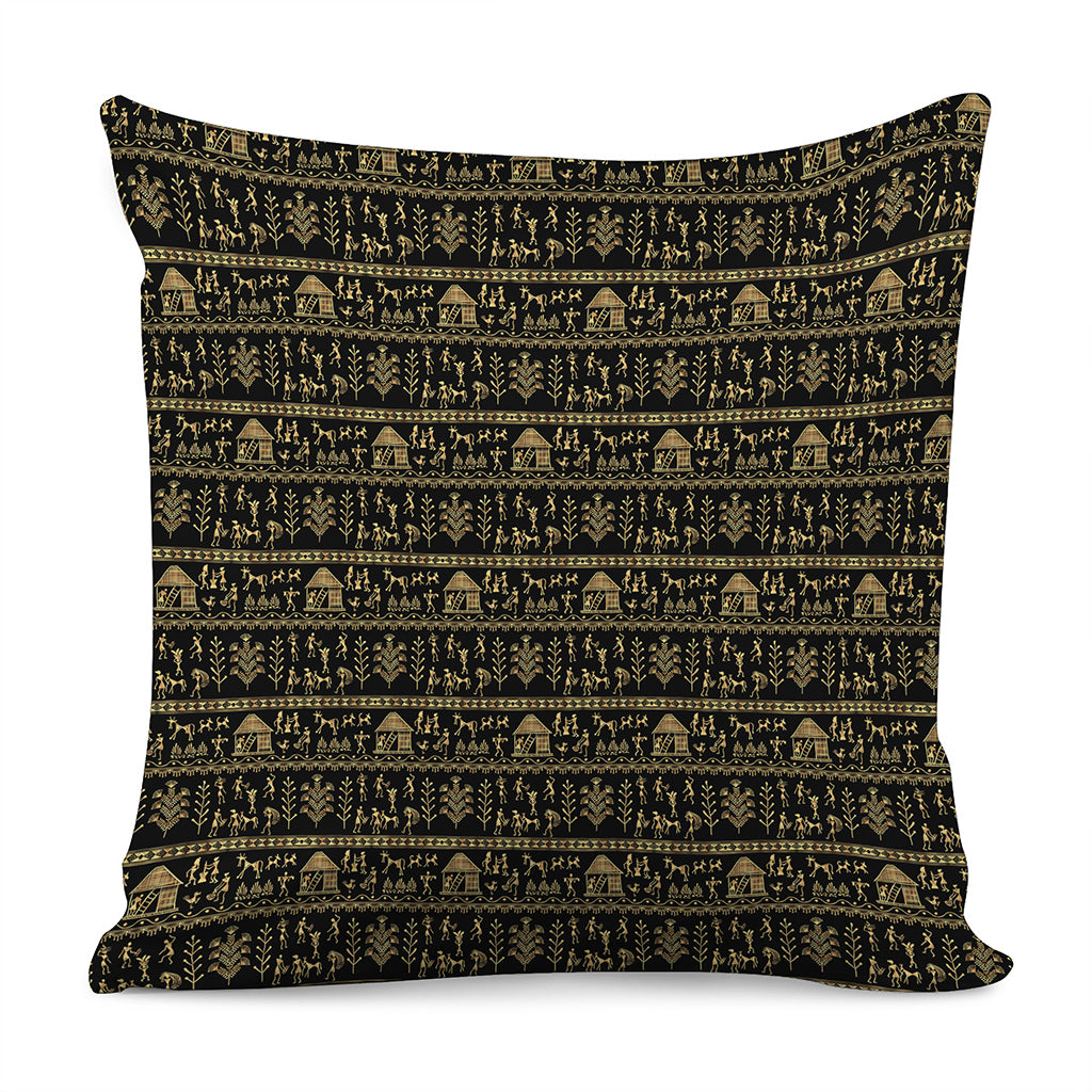 Black And Gold Warli Pattern Print Pillow Cover