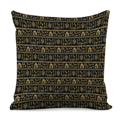 Black And Gold Warli Pattern Print Pillow Cover