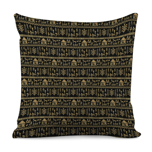 Black And Gold Warli Pattern Print Pillow Cover