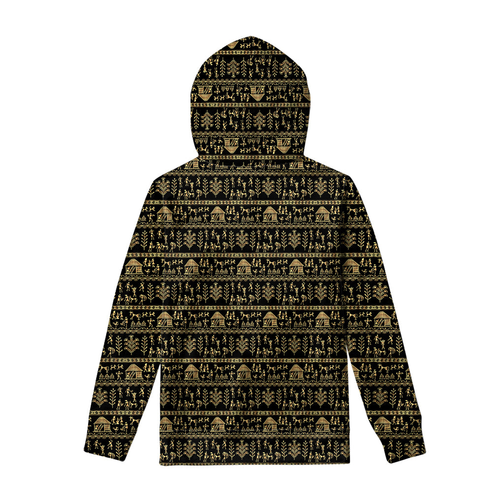 Black And Gold Warli Pattern Print Pullover Hoodie