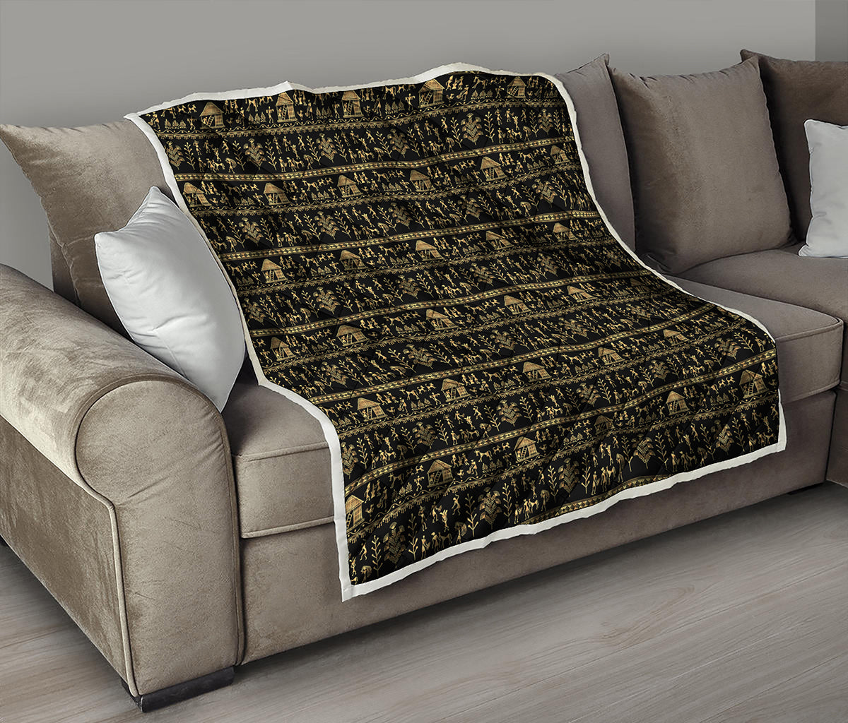 Black And Gold Warli Pattern Print Quilt