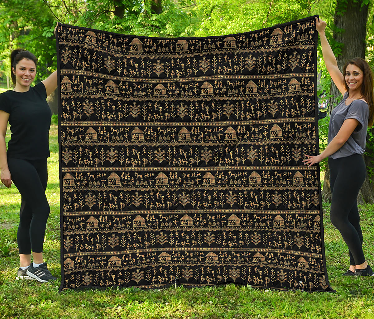 Black And Gold Warli Pattern Print Quilt