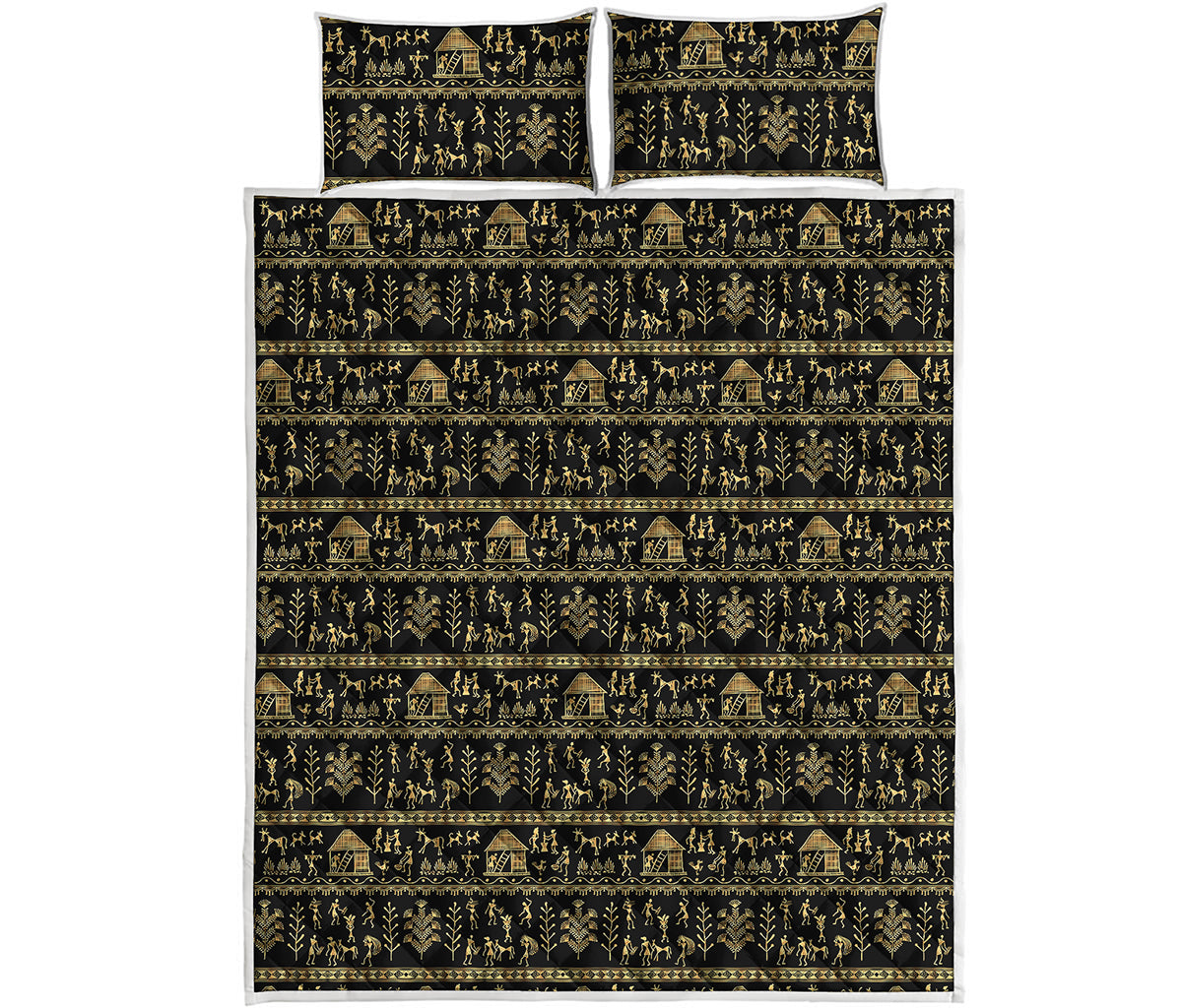 Black And Gold Warli Pattern Print Quilt Bed Set