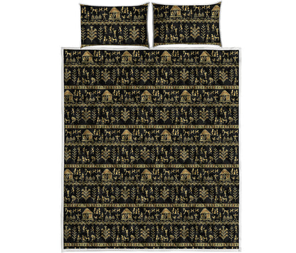 Black And Gold Warli Pattern Print Quilt Bed Set