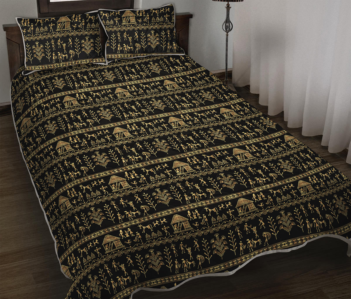 Black And Gold Warli Pattern Print Quilt Bed Set