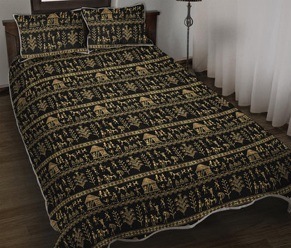 Black And Gold Warli Pattern Print Quilt Bed Set