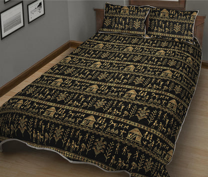 Black And Gold Warli Pattern Print Quilt Bed Set