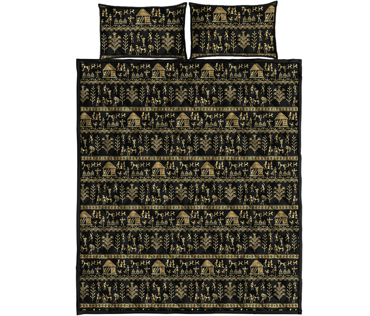 Black And Gold Warli Pattern Print Quilt Bed Set