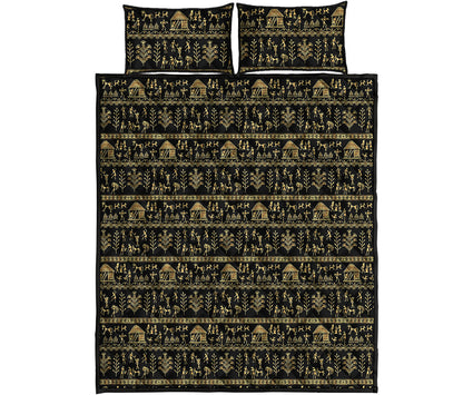 Black And Gold Warli Pattern Print Quilt Bed Set
