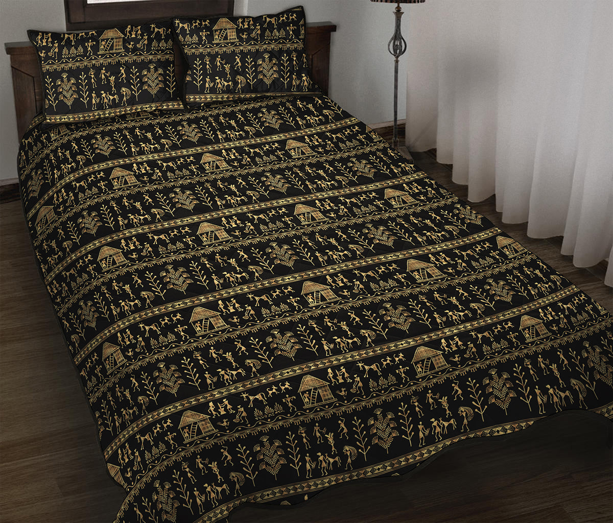 Black And Gold Warli Pattern Print Quilt Bed Set