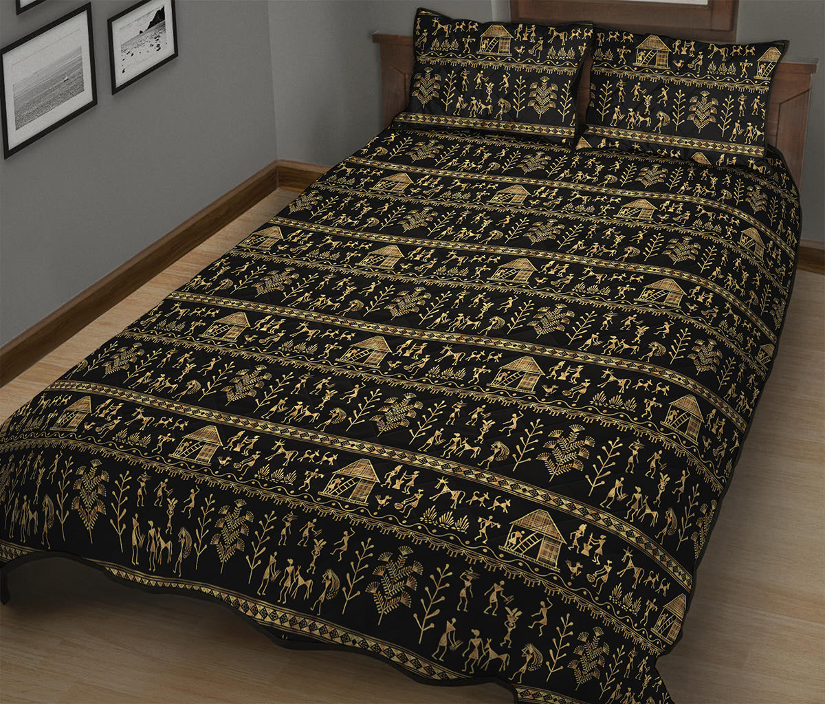 Black And Gold Warli Pattern Print Quilt Bed Set
