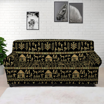 Black And Gold Warli Pattern Print Sofa Cover