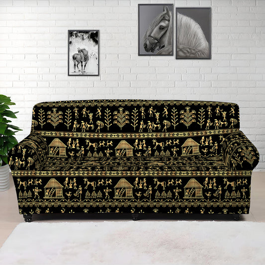 Black And Gold Warli Pattern Print Sofa Cover