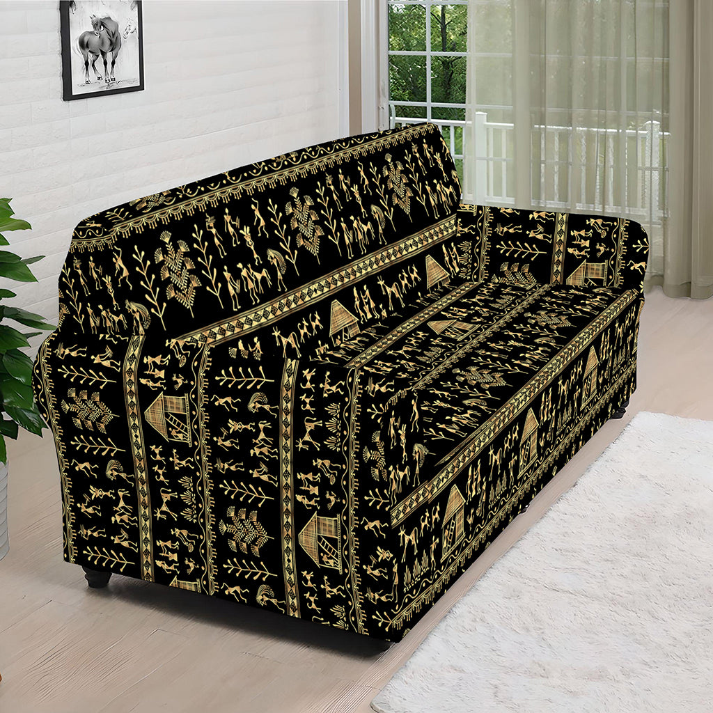 Black And Gold Warli Pattern Print Sofa Cover
