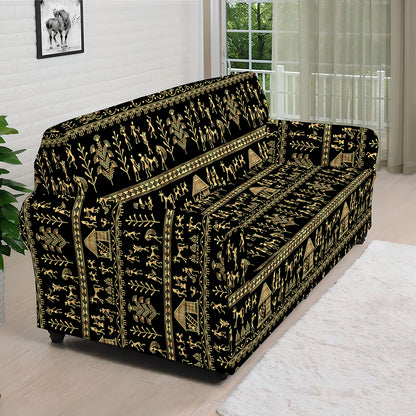 Black And Gold Warli Pattern Print Sofa Cover