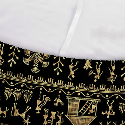 Black And Gold Warli Pattern Print Sofa Cover