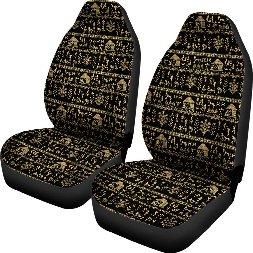 Black And Gold Warli Pattern Print Universal Fit Car Seat Covers