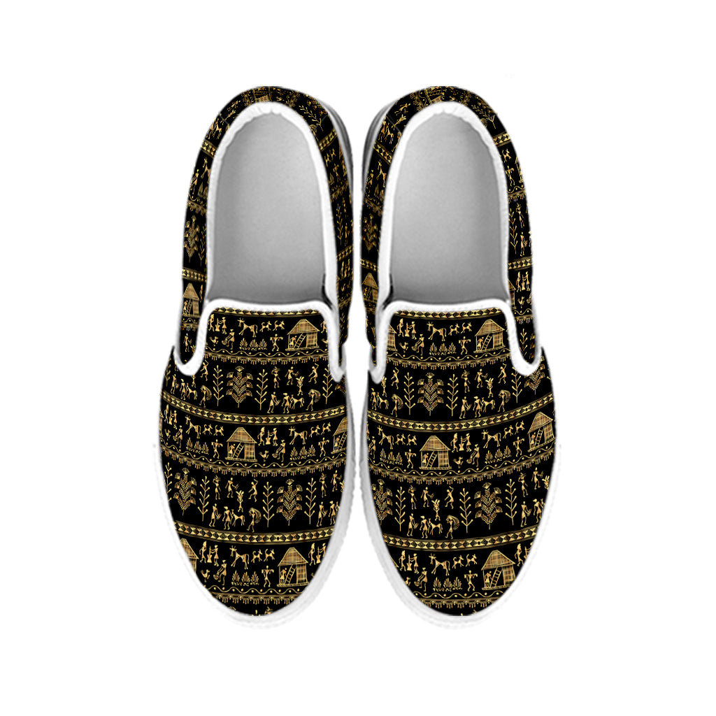 Black And Gold Warli Pattern Print White Slip On Shoes