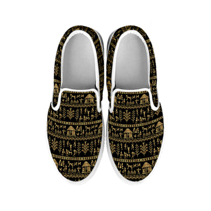 Black And Gold Warli Pattern Print White Slip On Shoes
