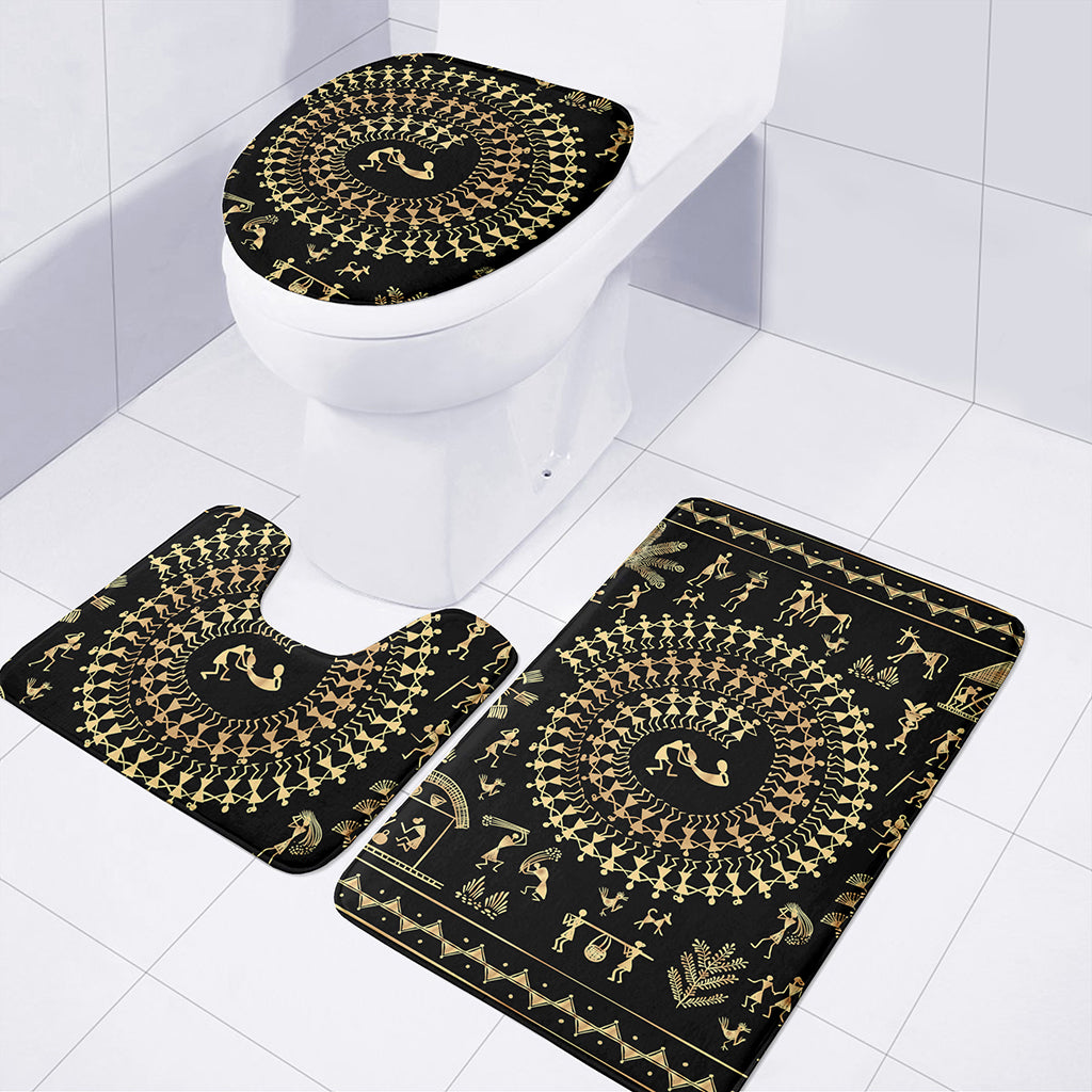 Black And Gold Warli Tribal Print 3 Piece Bath Mat Set