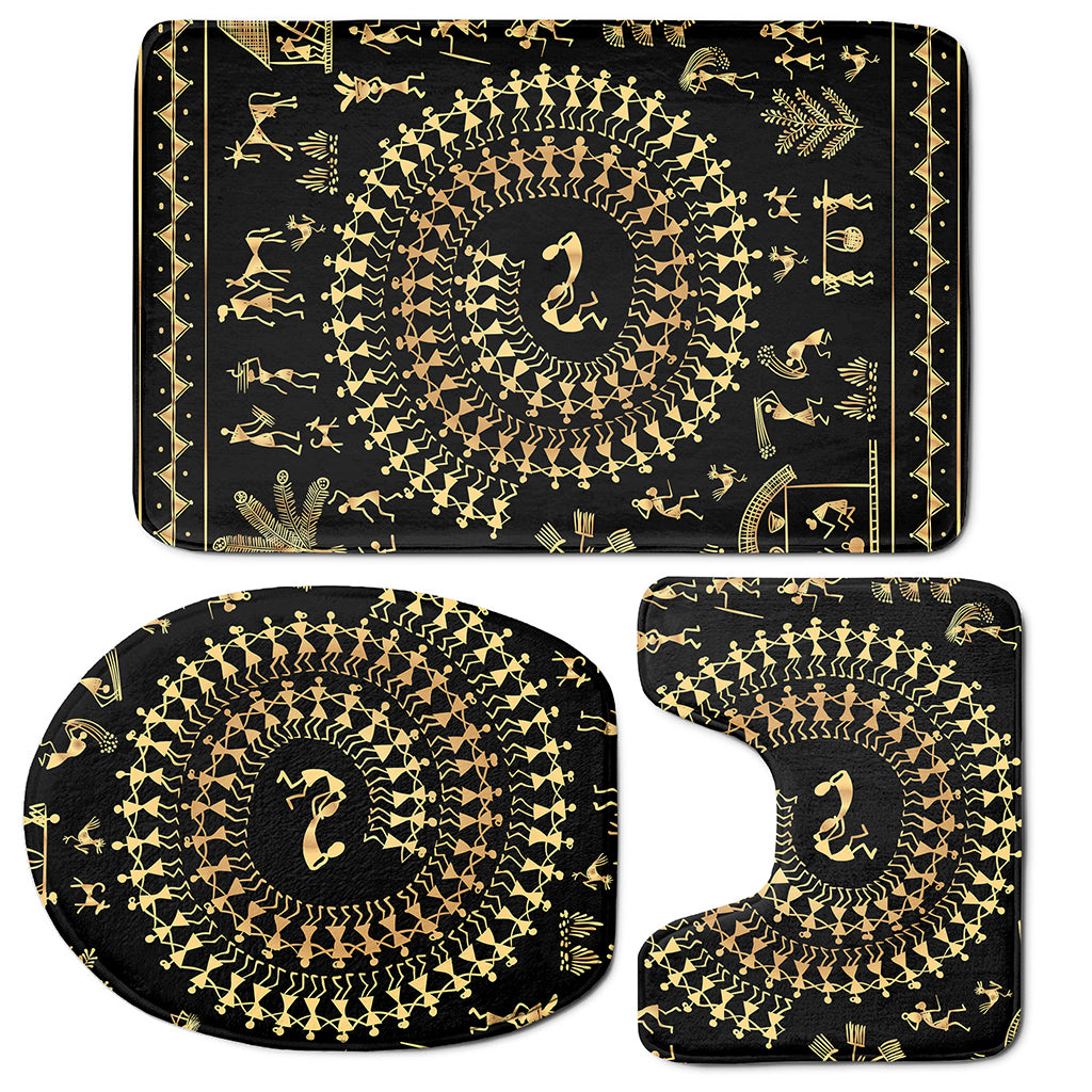 Black And Gold Warli Tribal Print 3 Piece Bath Mat Set