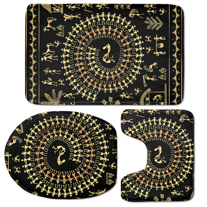 Black And Gold Warli Tribal Print 3 Piece Bath Mat Set