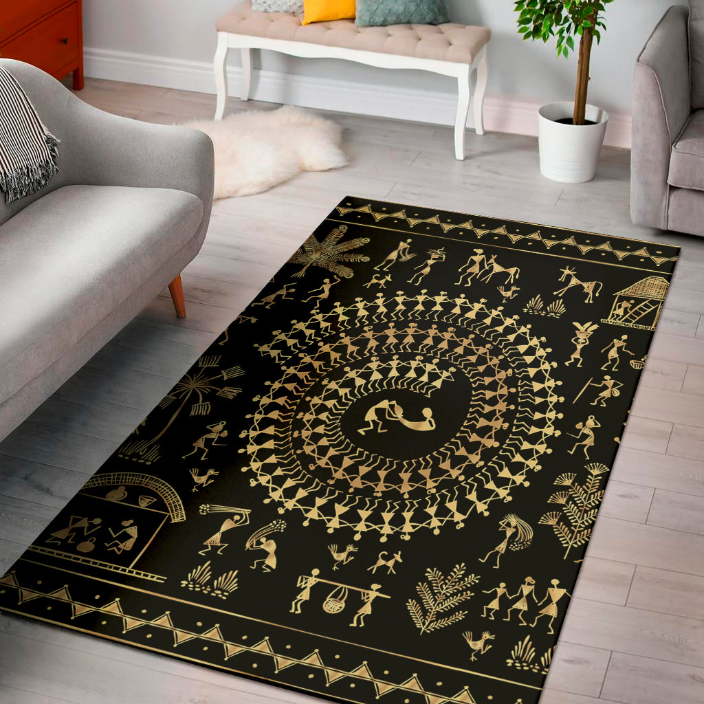 Black And Gold Warli Tribal Print Area Rug