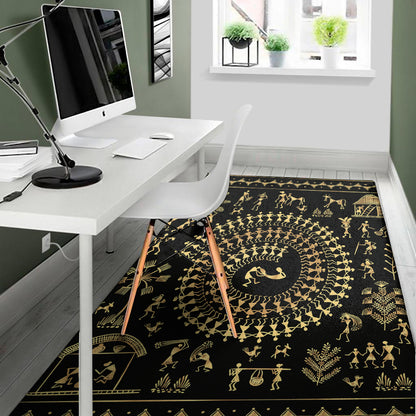 Black And Gold Warli Tribal Print Area Rug