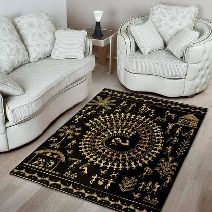 Black And Gold Warli Tribal Print Area Rug