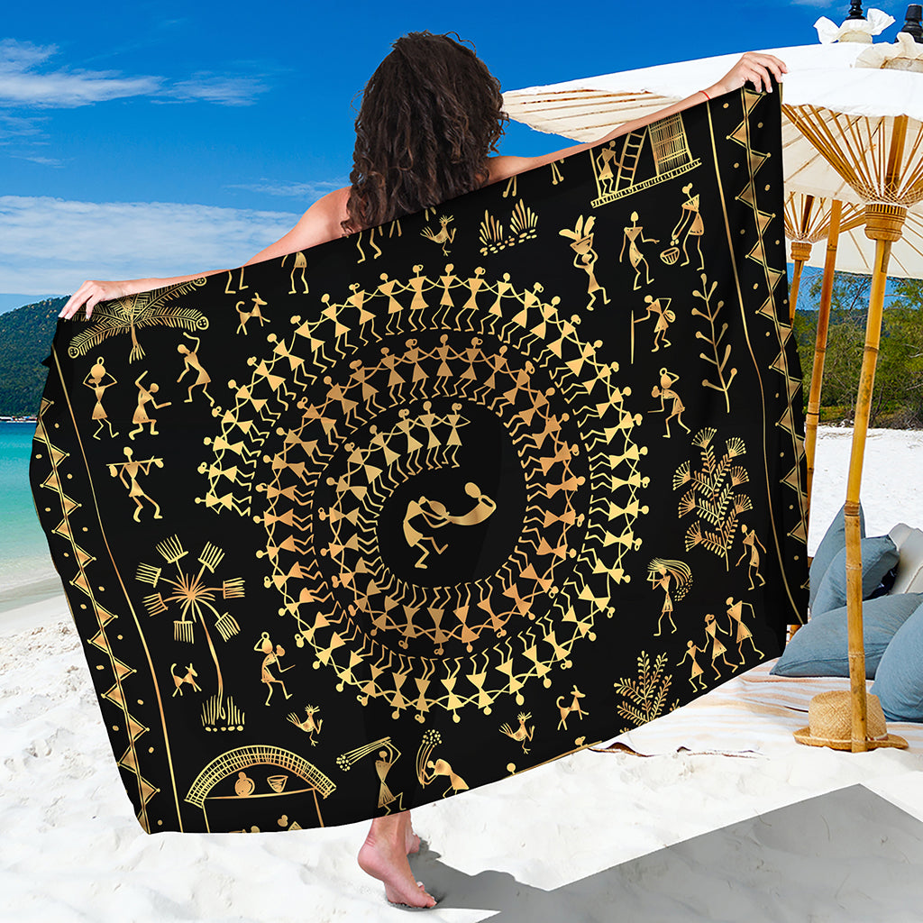Black And Gold Warli Tribal Print Beach Sarong Wrap