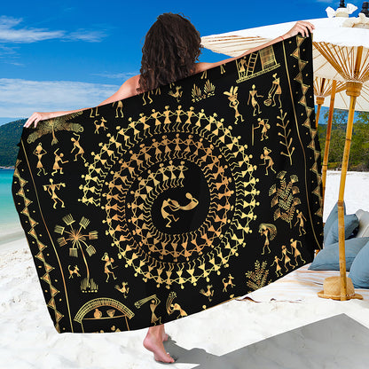 Black And Gold Warli Tribal Print Beach Sarong Wrap