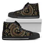 Black And Gold Warli Tribal Print Black High Top Shoes