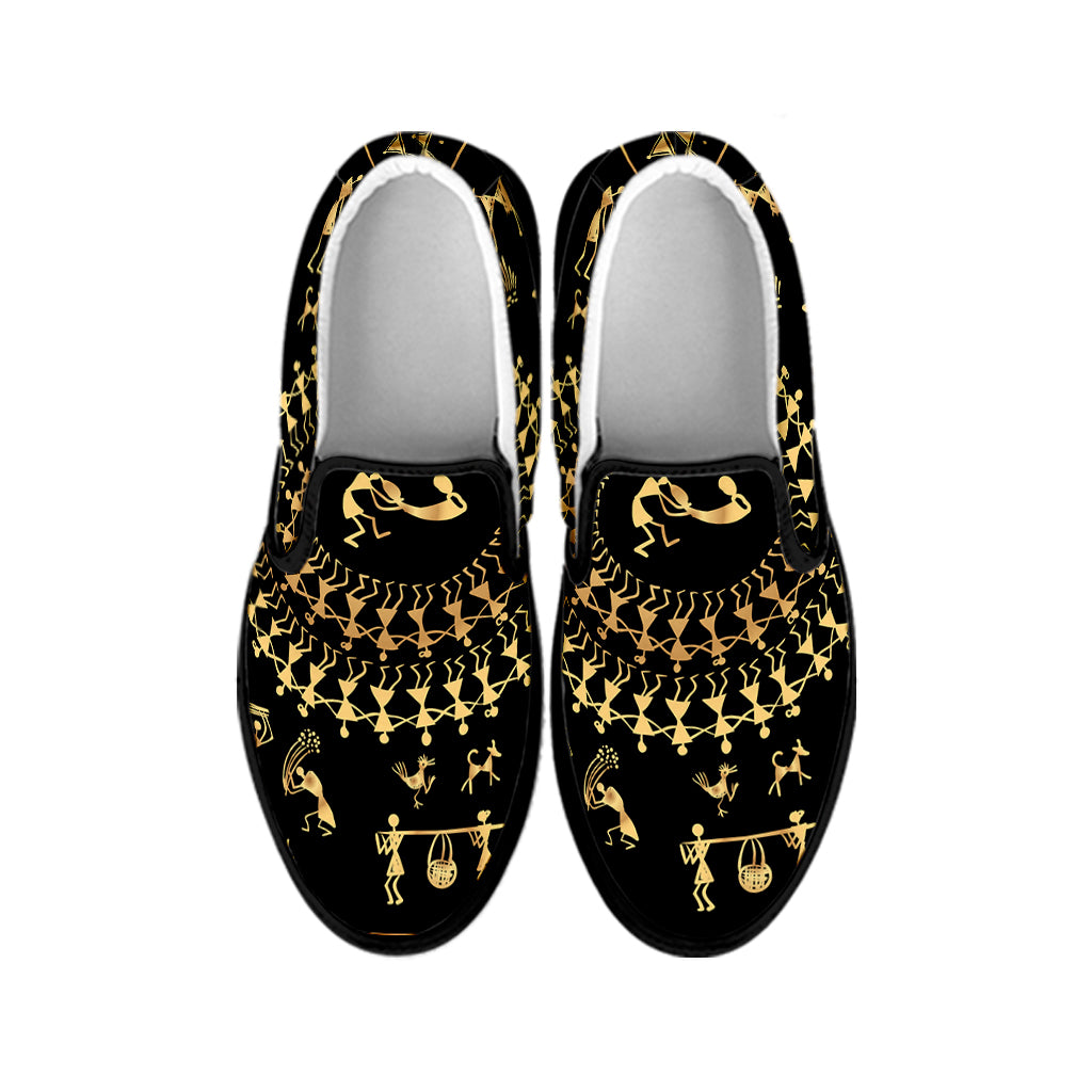 Black And Gold Warli Tribal Print Black Slip On Shoes