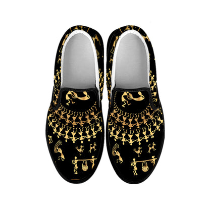 Black And Gold Warli Tribal Print Black Slip On Shoes