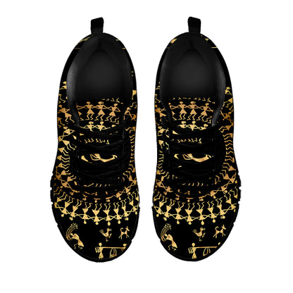 Black And Gold Warli Tribal Print Black Sneakers