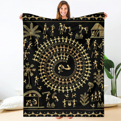Black And Gold Warli Tribal Print Blanket
